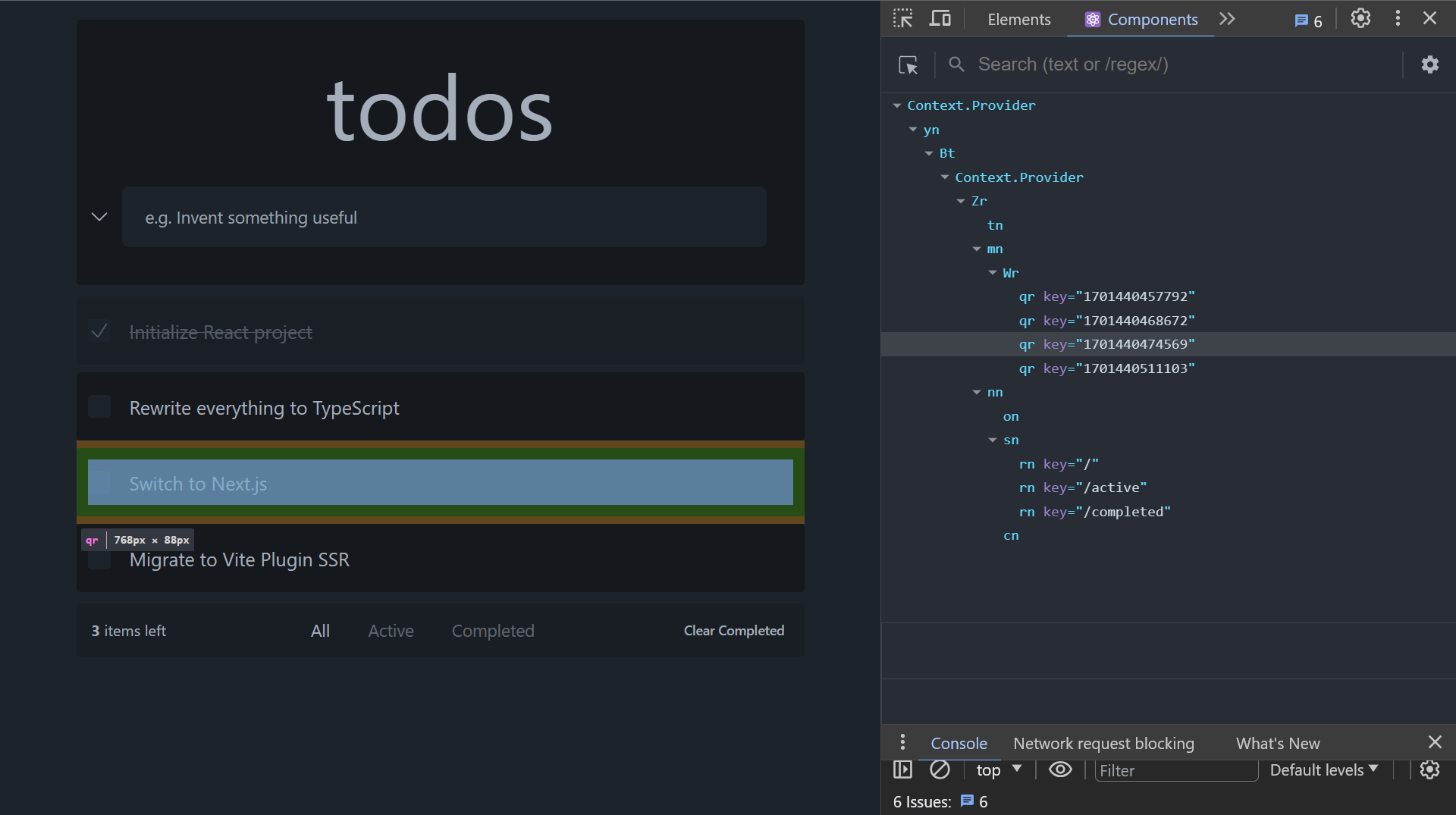 A screenshot of the opened dev tools. The component tree is small and easy to understand
